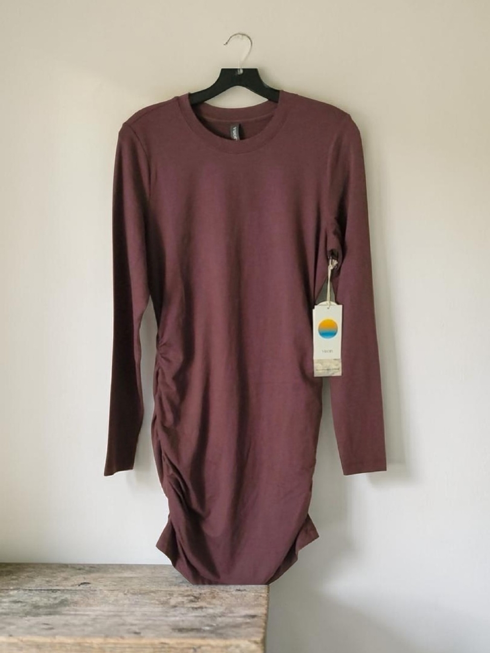Vuori Halo Essential Long Sleeve Ruched Bodycon Dress in Elderberry